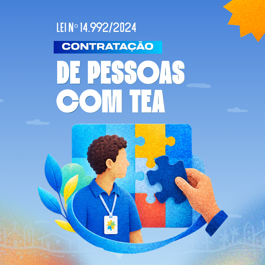 Cartaz da Lei nº 14.992/2024 sobre contratação de pessoas com TEA, com ilustração de trabalhador e peça de quebra-cabeça